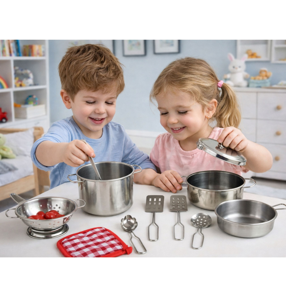 Set oale metalice si accesorii bucatarie pentru copii, 10 piese, argintiu (3+ ani) [5]