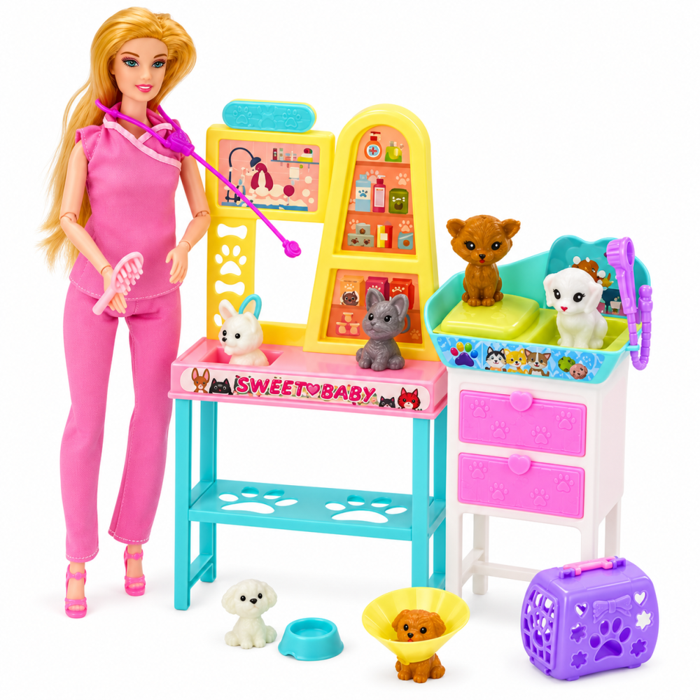 Set papusa veterinar cu animale, mobilier de ingrijire si accesorii medicale, membre mobile, 3 ani+ [4]