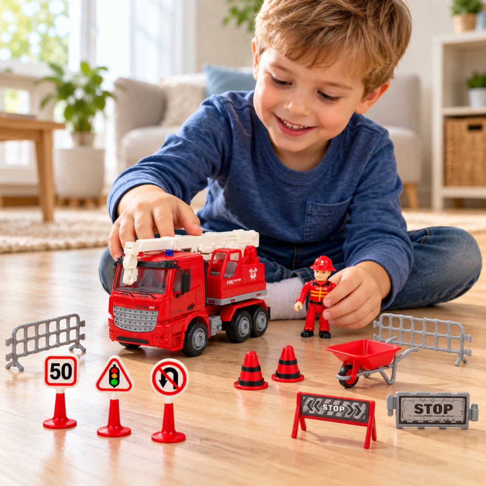 Set pompieri cu autospeciala cu macara, figurina si indicatoare rutiere, 3 ani+, rosu [2]