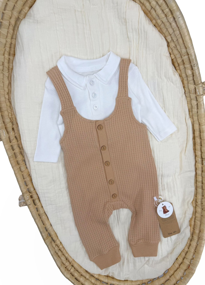 Set salopeta bumbac maro cu body bebelusi baieti Murat [2]