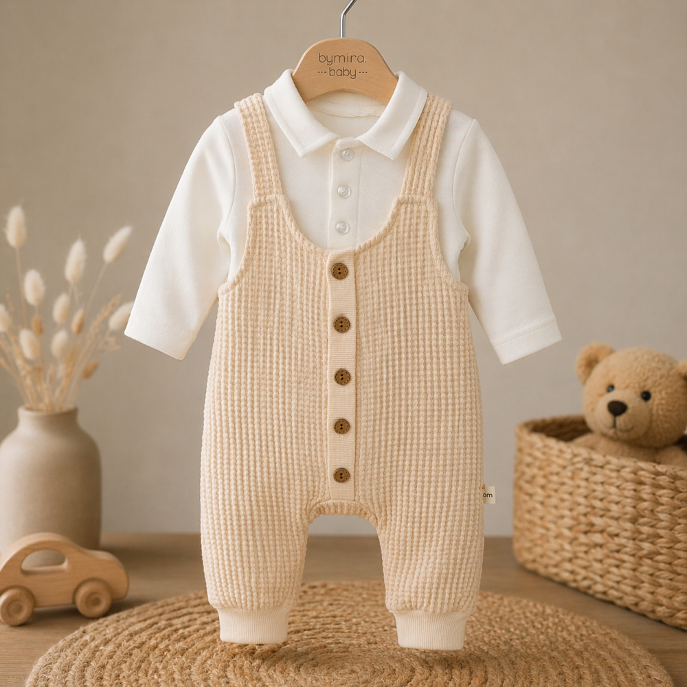 Set salopeta bumbac texturat crem cu body bebelusi baieti Murat [3]