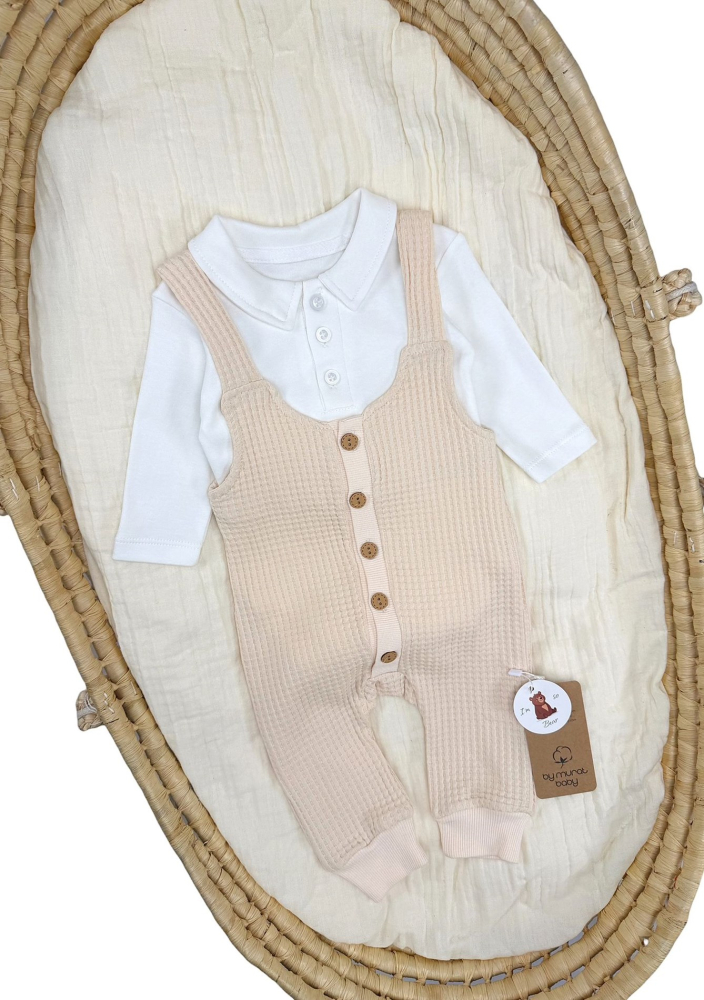 Set salopeta bumbac texturat crem cu body bebelusi baieti Murat [2]
