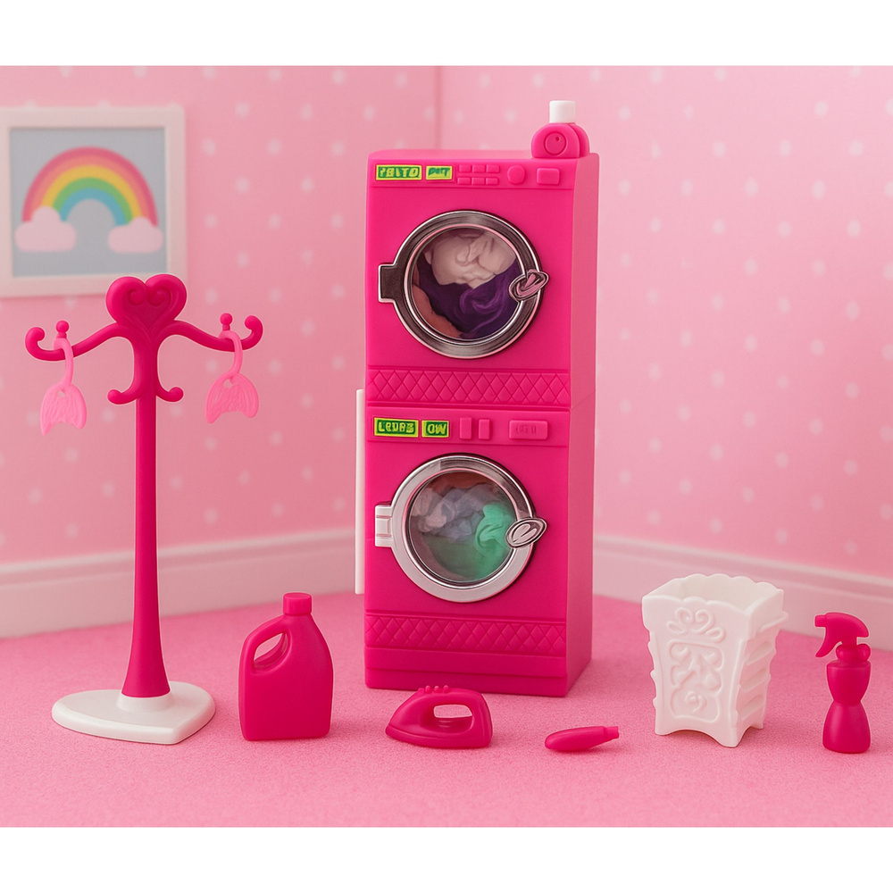 Set Spalatorie pentru Papusi cu Masina de Spalat, Uscator, Umeras si Cos, Roz [4]