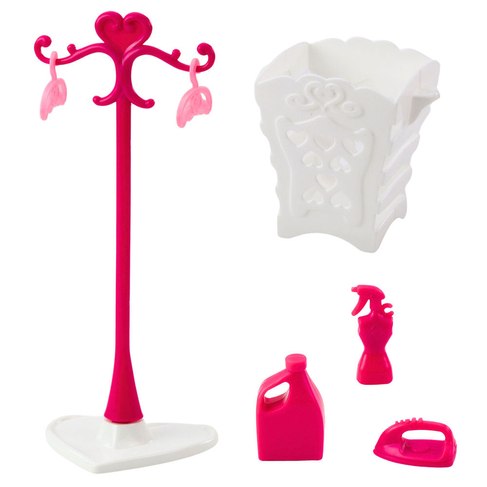 Set Spalatorie pentru Papusi cu Masina de Spalat, Uscator, Umeras si Cos, Roz [6]