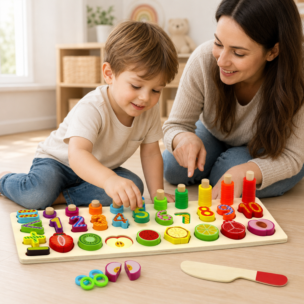 Tabla educativa din lemn cu sortator, cifre, fructe si operatii matematice, 44,5 cm, 3 ani+ [2]