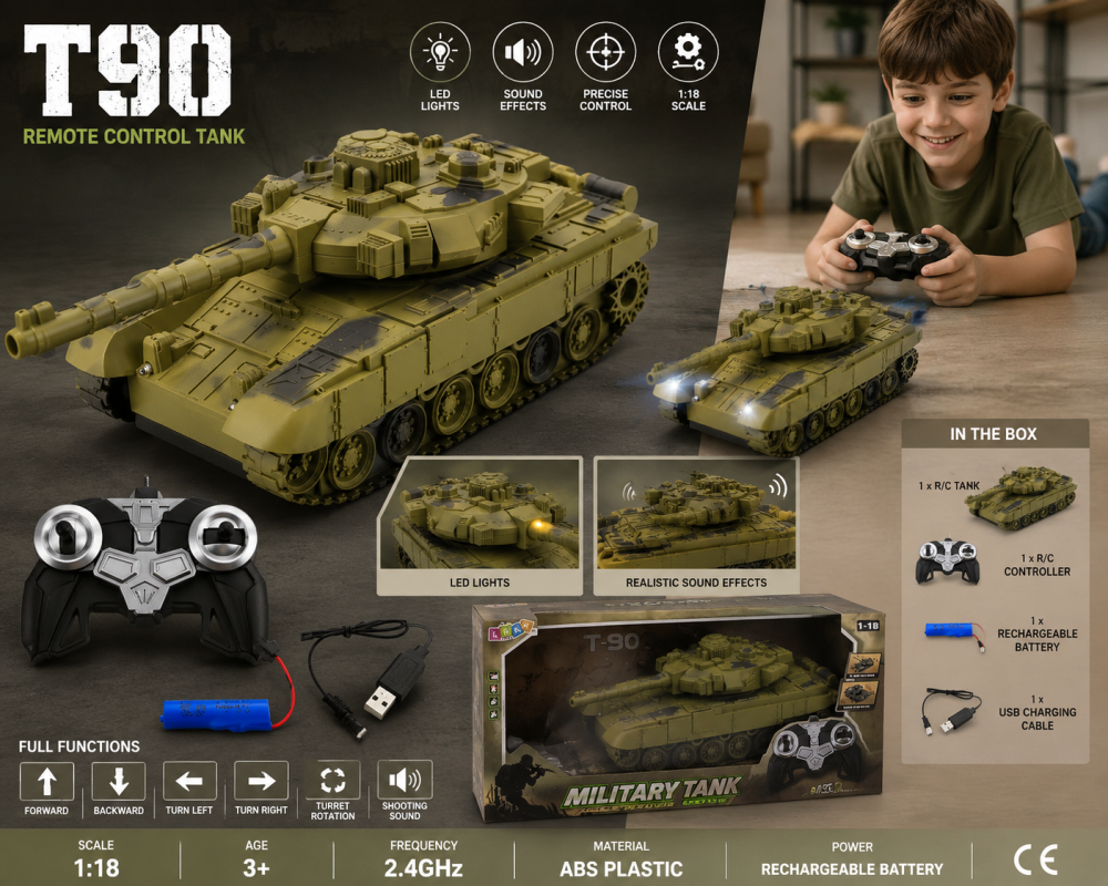 Tanc militar T90 telecomandat RC cu lumini si sunete verde 1:18 [2]