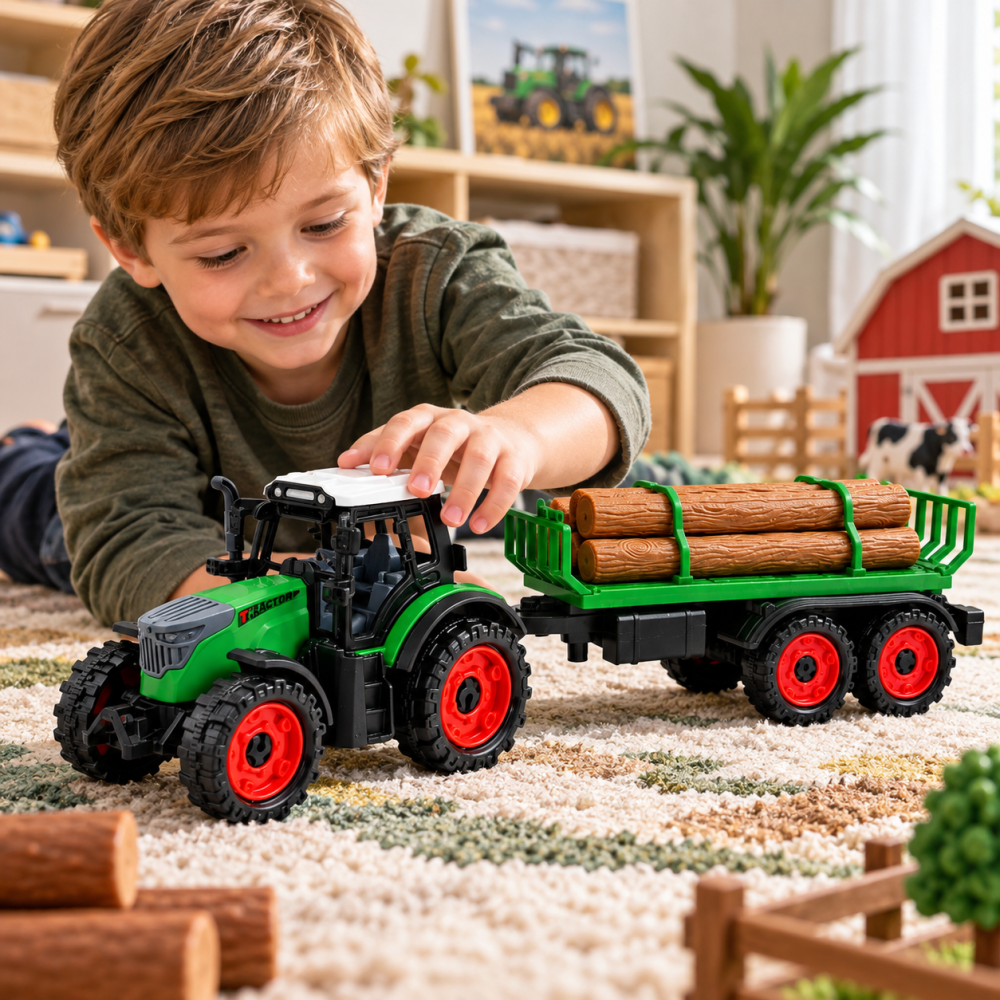Tractor agricol cu remorca pentru busteni, tractiune prin frictiune, 35 cm, verde, 3 ani+ [2]