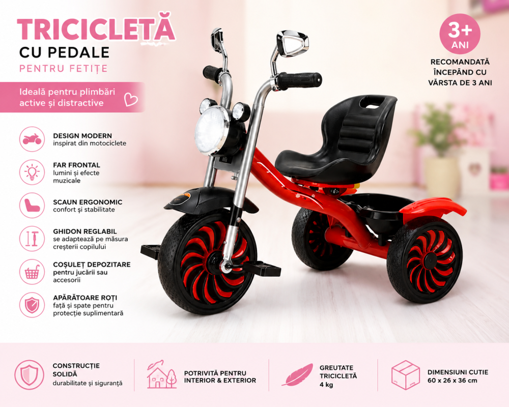 Tricicleta copii rosie cu far, lumini, muzica si ghidon reglabil fete 3 ani+ [3]