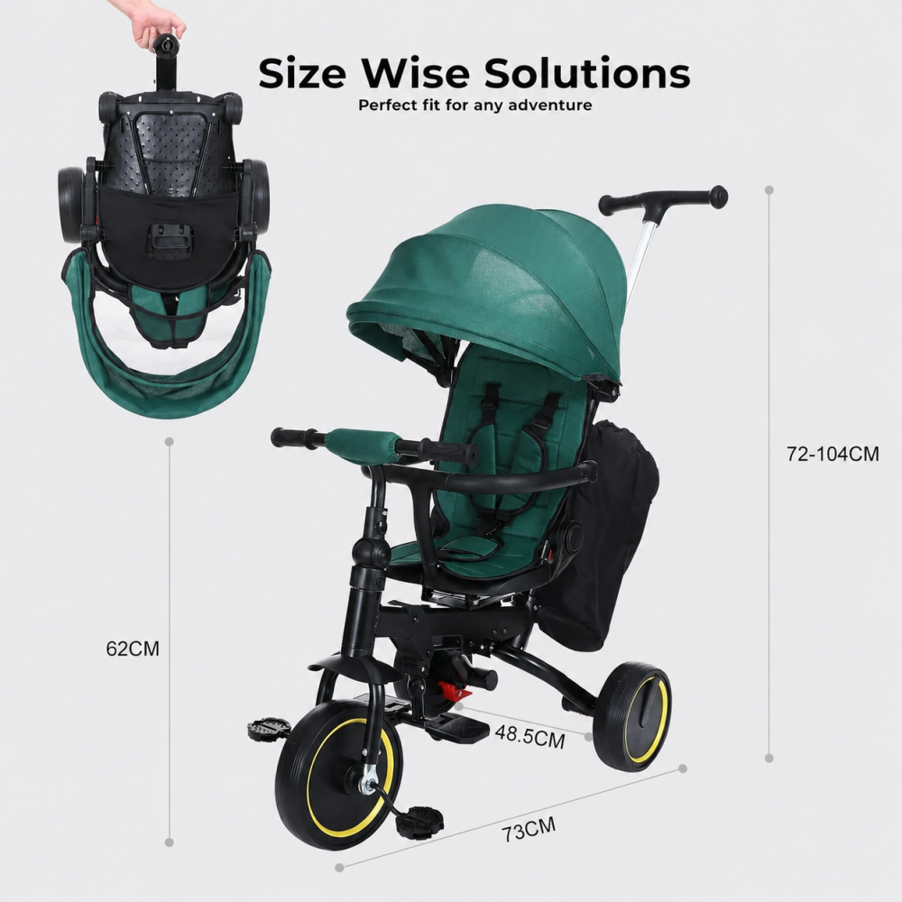 Tricicleta Premium pliabila 5 in 1 copii cu scaun rotativ 360° cu pozitie de somn si maner parental pentru baieti, verde 6 luni+ [6]