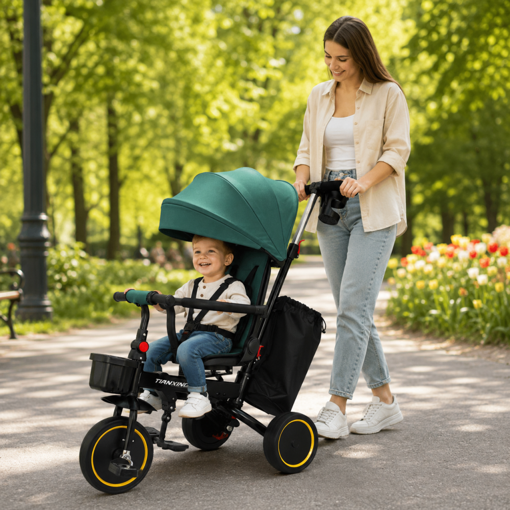 Tricicleta Premium pliabila 5 in 1 copii cu scaun rotativ 360° cu pozitie de somn si maner parental pentru baieti, verde 6 luni+ [2]