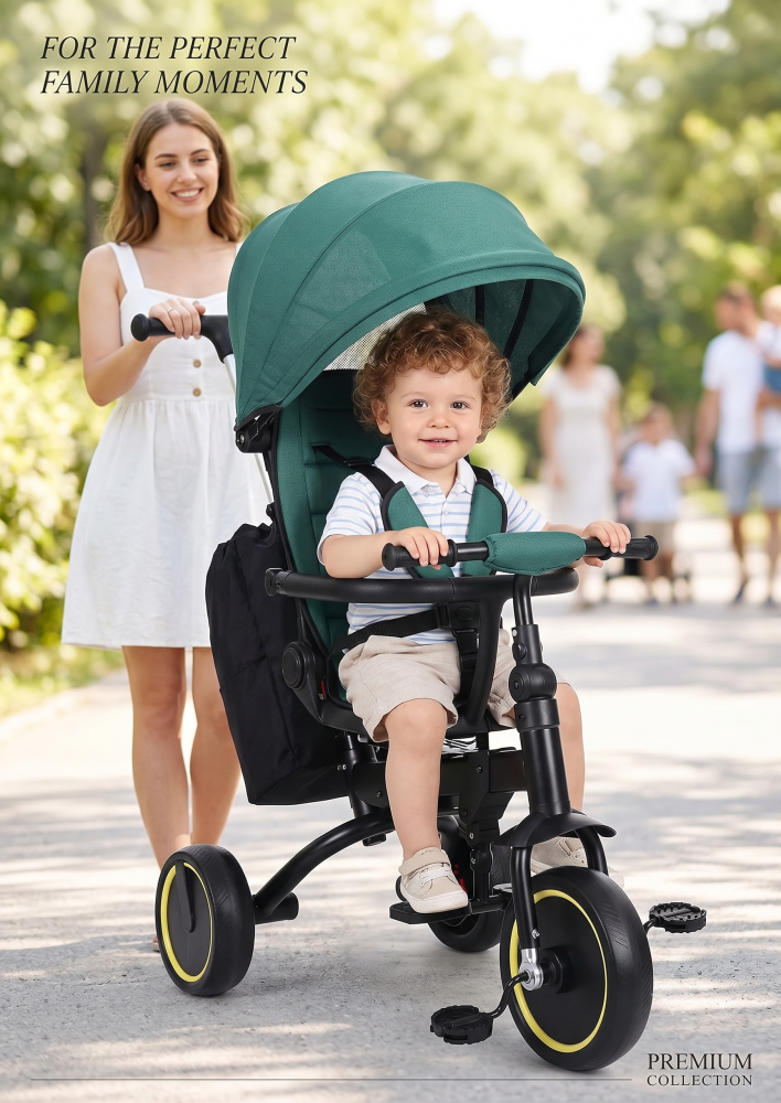 Tricicleta Premium pliabila 5 in 1 copii cu scaun rotativ 360° cu pozitie de somn si maner parental pentru baieti, verde 6 luni+ [12]