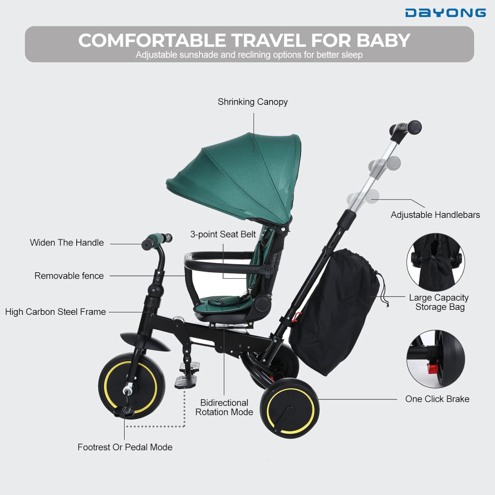 Tricicleta Premium pliabila 5 in 1 copii cu scaun rotativ 360° cu pozitie de somn si maner parental pentru baieti, verde 6 luni+ [6]