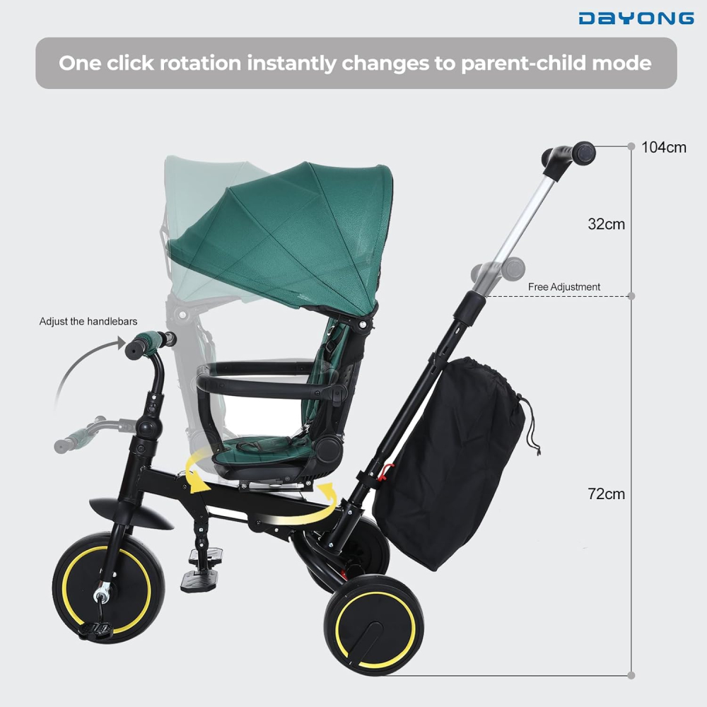 Tricicleta Premium pliabila 5 in 1 copii cu scaun rotativ 360° cu pozitie de somn si maner parental pentru baieti, verde 6 luni+ [7]