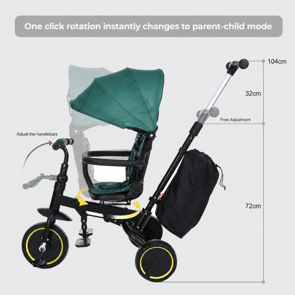 Tricicleta Premium pliabila 5 in 1 copii cu scaun rotativ 360° cu pozitie de somn si maner parental pentru baieti, verde 6 luni+ [7]