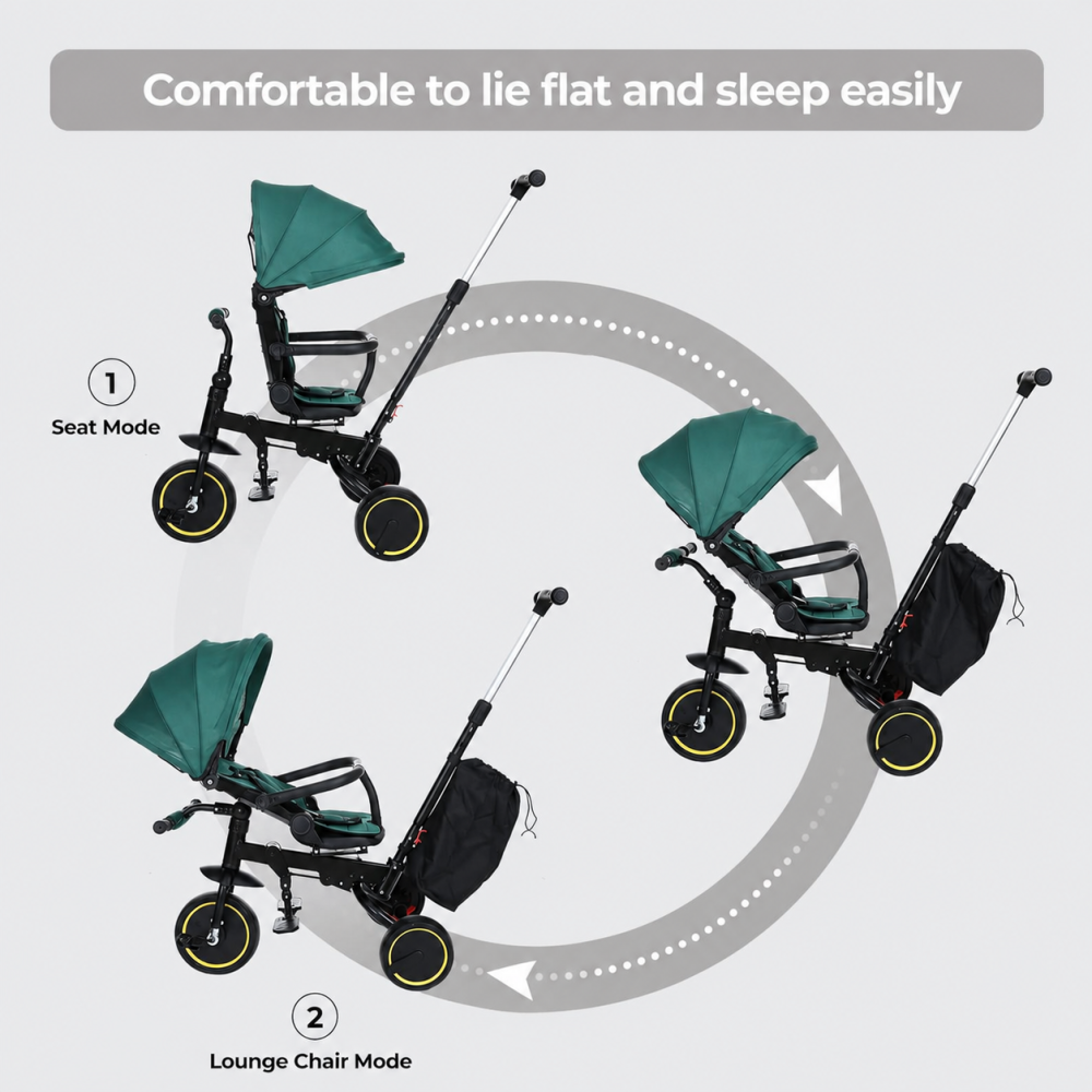 Tricicleta Premium pliabila 5 in 1 copii cu scaun rotativ 360° cu pozitie de somn si maner parental pentru baieti, verde 6 luni+ [8]