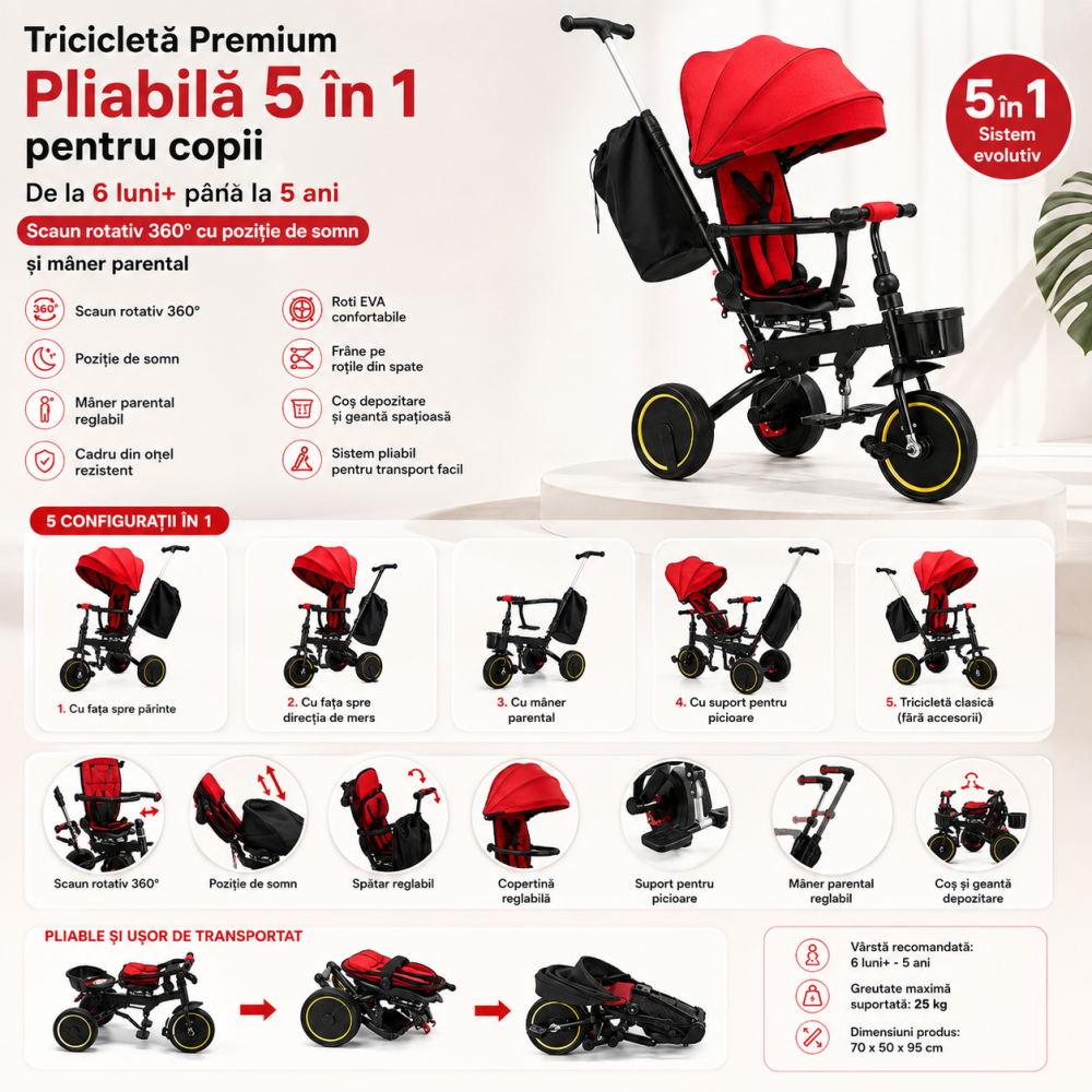 Tricicleta Premium pliabila 5 in 1 copii cu scaun rotativ 360° cu pozitie de somn si maner parental rosie 6 luni+ [5]