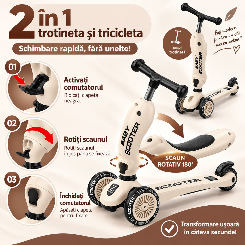 Trotineta 2 in 1 pentru baieti cu sezut rotativ, roti luminoase PU, ghidon reglabil si frana, bej, 1-5 ani, ABC TKWW [3]