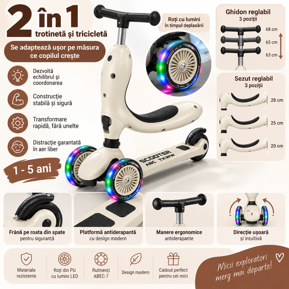 Trotineta 2 in 1 pentru baieti cu sezut rotativ, roti luminoase PU, ghidon reglabil si frana, bej, 1-5 ani, ABC TKWW [4]