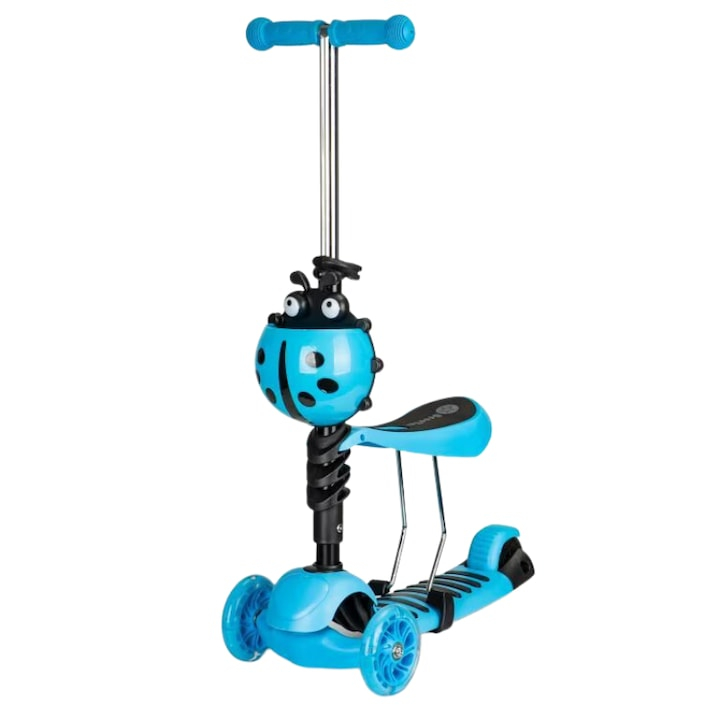 Trotineta 3 in 1 copii cu sezut, roti LED si cos Buburuza, ghidon reglabil 3 trepte, pliabila, max. 25 kg, 3 ani+, albastra [3]