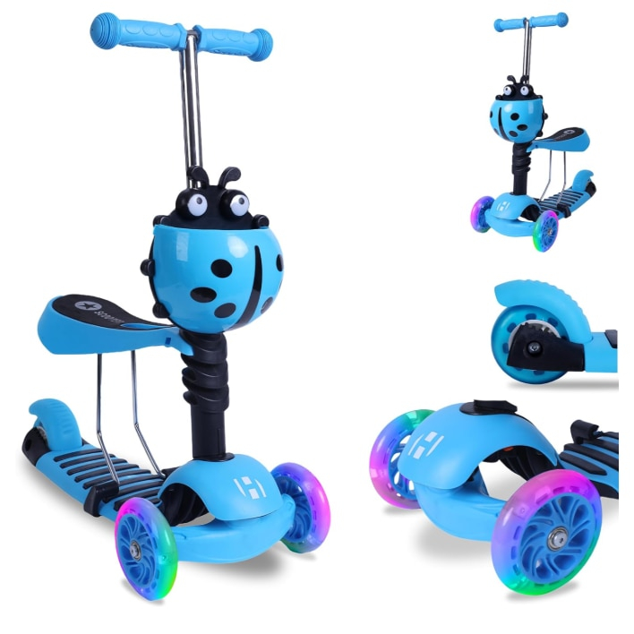 Trotineta 3 in 1 copii cu sezut, roti LED si cos Buburuza, ghidon reglabil 3 trepte, pliabila, max. 25 kg, 3 ani+, albastra [6]
