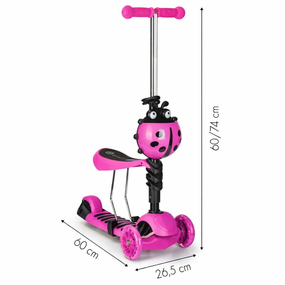 Trotineta copii 3 in 1 cu sezut, roti LED si cos Buburuza, ghidon reglabil 3 trepte, max. 25 kg, roz [4]