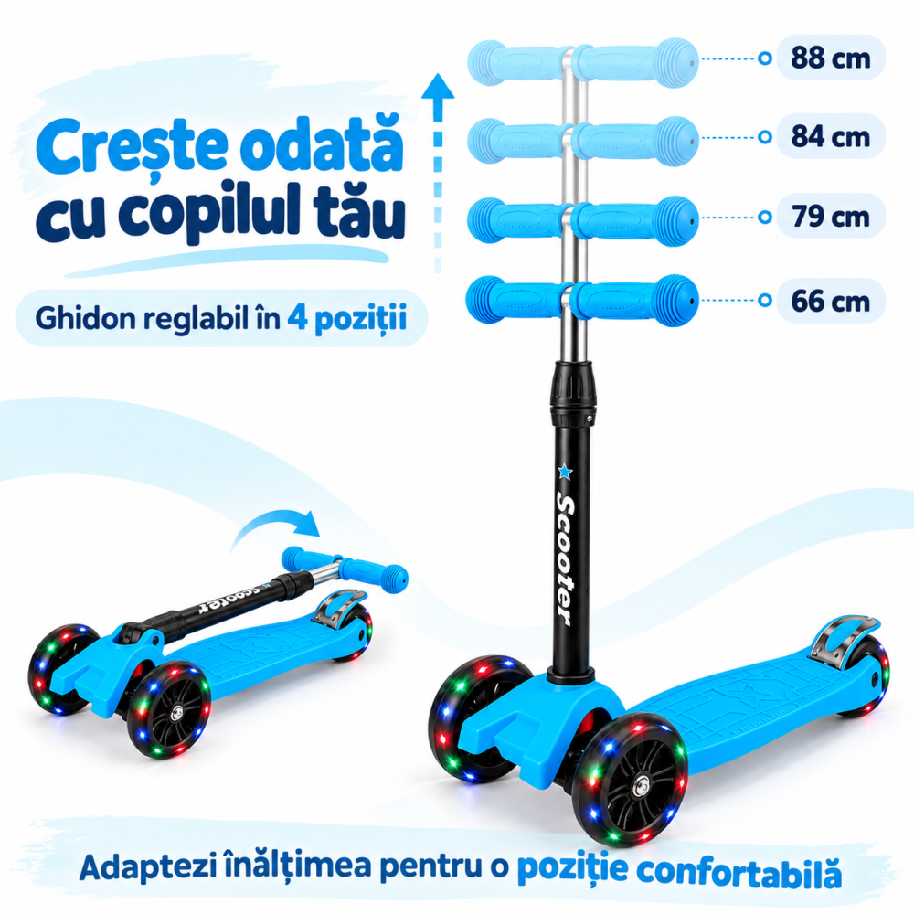 Trotineta pentru baieti Scooter 500A, pliabila, ghidon reglabil in 4 pozitii, 3 roti PU cu lumini, frana spate, albastra, 3 ani+ [3]