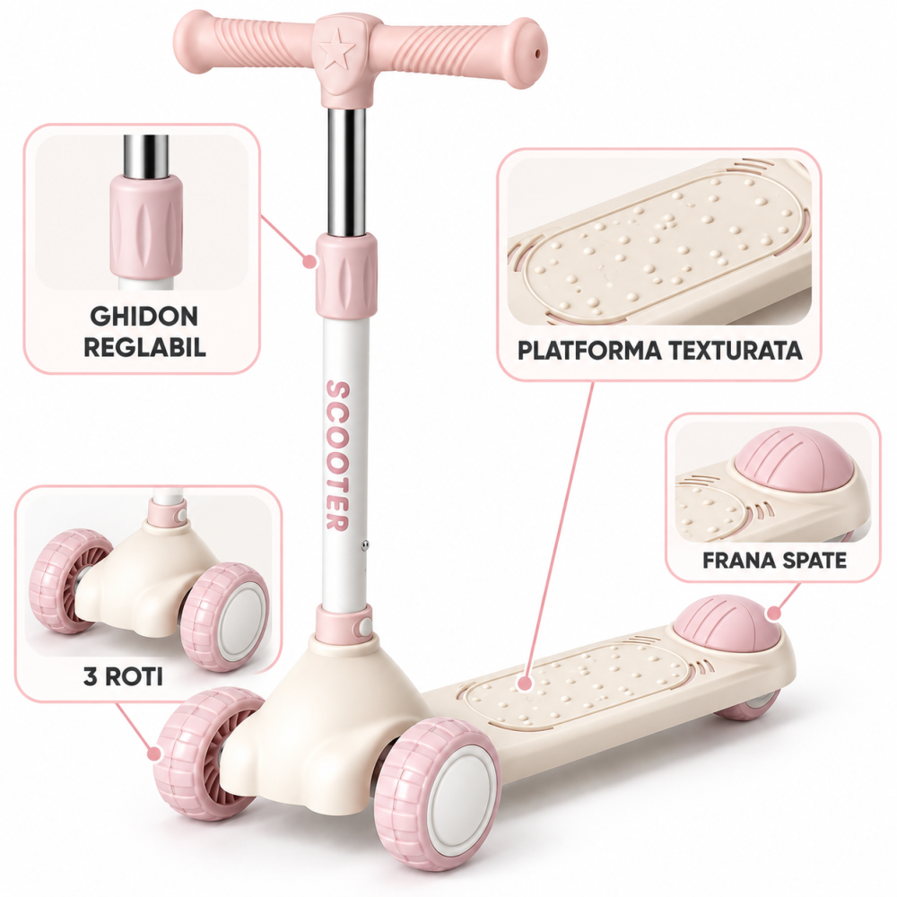 Trotineta copii Scooter cu 3 roti, ghidon reglabil si frana spate, crem-roz, 3 ani+ [3]