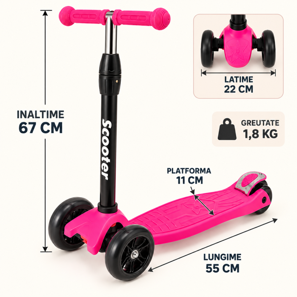 Trotineta pentru fetite Scooter 500A, roz, roti PU, frana spate, max. 40 kg, 3 ani+ [4]