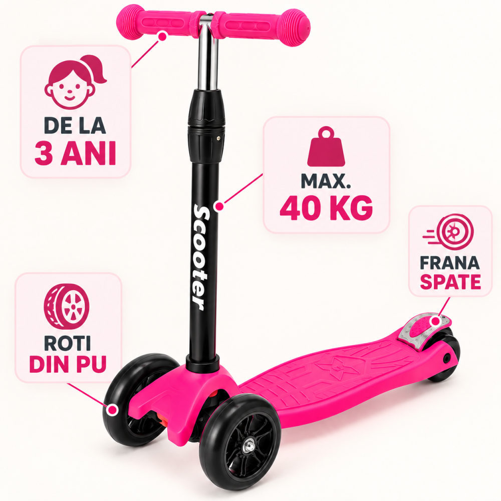 Trotineta pentru fetite Scooter 500A, roz, roti PU, frana spate, max. 40 kg, 3 ani+ [5]