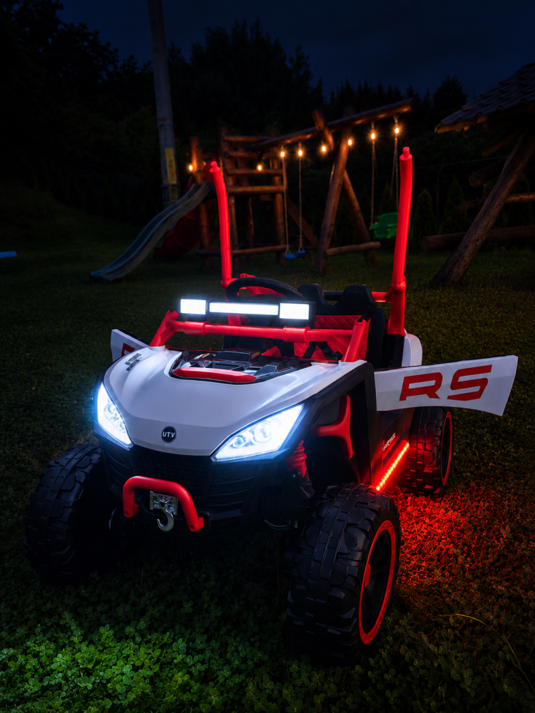 UTV electric Buggy Off-Road pentru copii, 12V 7Ah, 4 motoare 25W, telecomanda parentala, USB, suspensii, alb cu rosu, 3-8 ani [2]