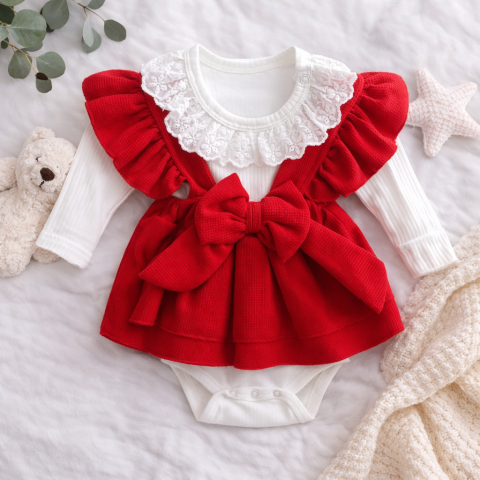 BODY - Set bebe fetita 2 piese body brodat si rochita rosie cu funda din bumbac