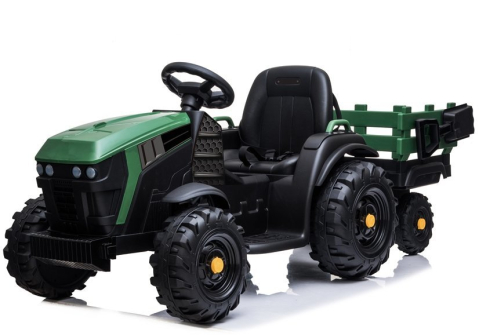 Tractor electric BDM0925 cu remorca pentru copii, 12V 7Ah, 2 motoare 45W, roti EVA, scaun piele, Verde Militar, 3-6 ani [1]