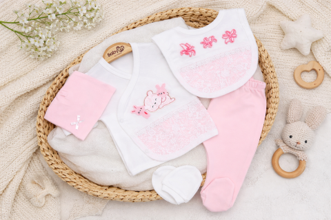 SET BODY BEBELUS FETE 0-3 LUNI 5 PIESE CU FLORI ROZ [1]