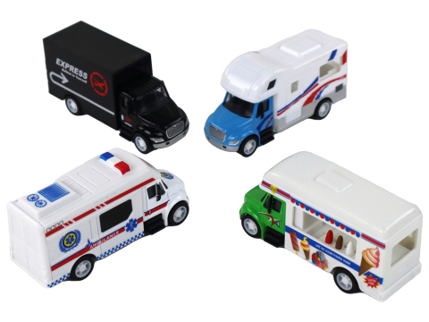 Set 4 Masinute Metalice 1:87 cu Frictiune – Ambulanta, Rulota, Autospeciala Livrare si Van Ice Cream [2]
