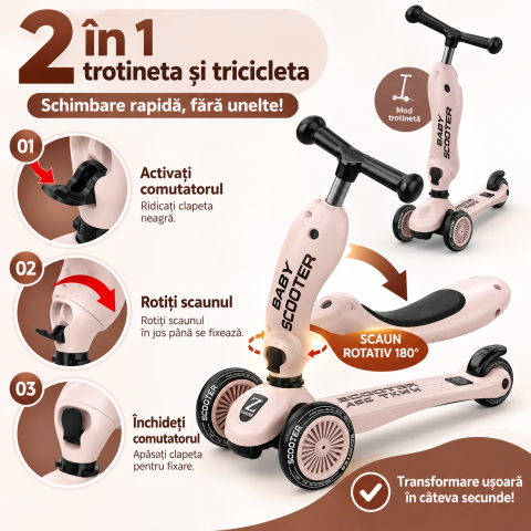 Trotineta copii 2 in 1 ABC TKWW cu sezut, roti luminoase, ghidon reglabil, frana spate, 1-5 ani, roz [3]