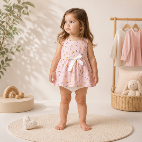 Rochite cu maneca scurta - Rochita bebe roz cu chilotei oryeda bumbac
