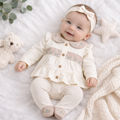 Seturi nou nascuti (0-3 luni) - Set bebe 3 piese brodat din bumbac cu bluza stil rochita