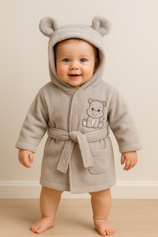 Halate de baie - Halat de Baie Bebe Gri cu Gluga si Hipopotam