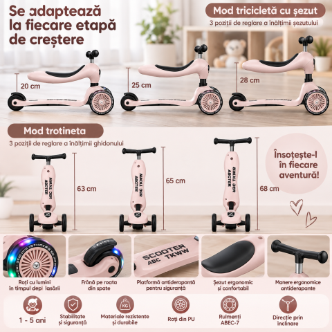 Trotineta copii 2 in 1 ABC TKWW cu sezut, roti luminoase, ghidon reglabil, frana spate, 1-5 ani, roz [6]