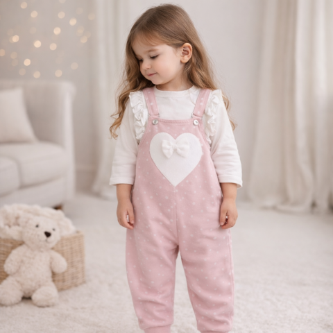 Salopete fetite - Salopeta pentru fetite, 2 piese, model Little heart, Roz