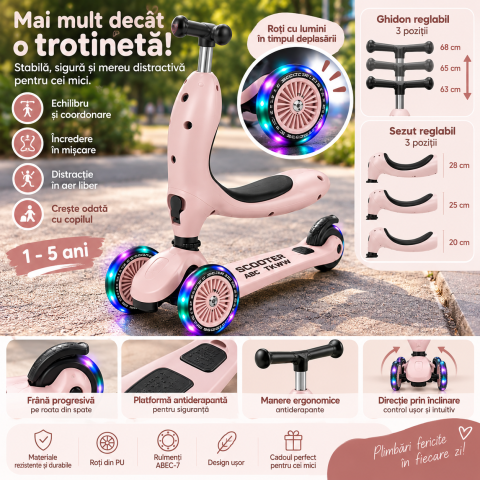 Trotineta copii 2 in 1 ABC TKWW cu sezut, roti luminoase, ghidon reglabil, frana spate, 1-5 ani, roz [4]