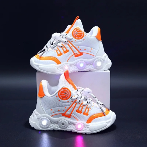 Adidasi - Adidasi albi cu PORTOCALIU cu luminite - Baseball
