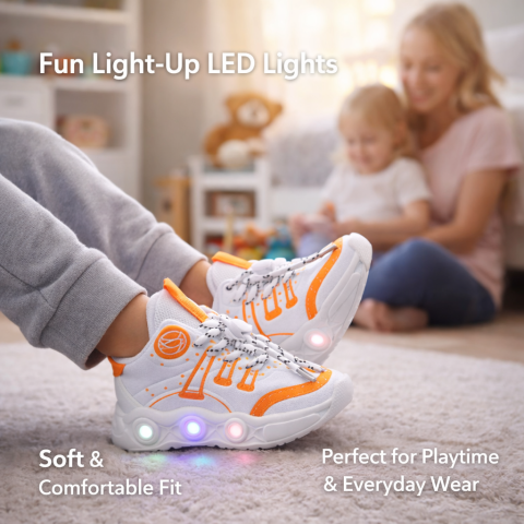 Adidasi - Adidasi albi cu PORTOCALIU cu luminite - Basketball