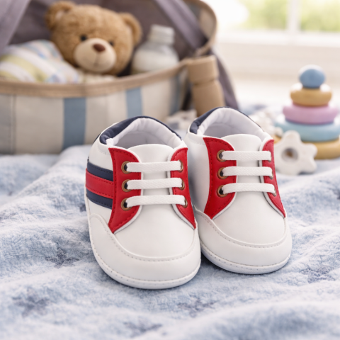 Adidasi bebe unisex Pattini alb cu rosu si albastru comozi [2]