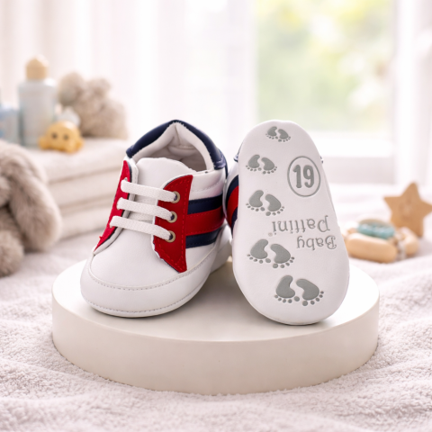 Adidasi - Adidasi bebe unisex Pattini alb cu rosu si albastru comozi