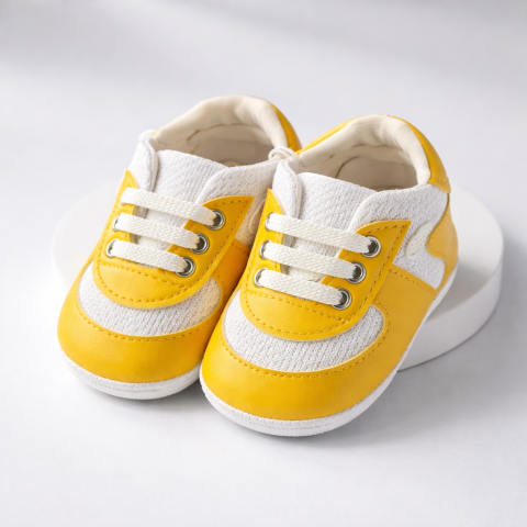 Adidasi - Adidasi bebe unisex Pattini galben cu alb comozi si flexibili