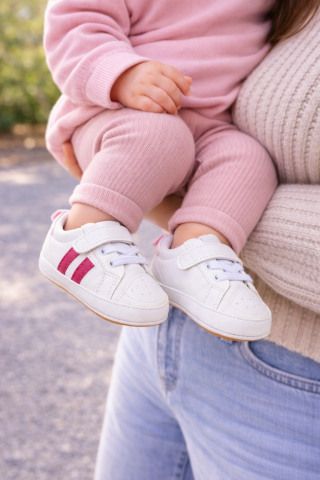 Imbracaminte, incaltaminte - Adidasi bebelusi cu dungi ROZ ciclamen