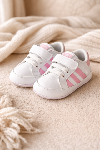 Tenisi - Adidasi BOAC pentru bebelusi roz cu sireturi si scai