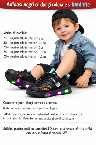 Imbracaminte, incaltaminte - Adidasi negri cu dungi colorate si luminite