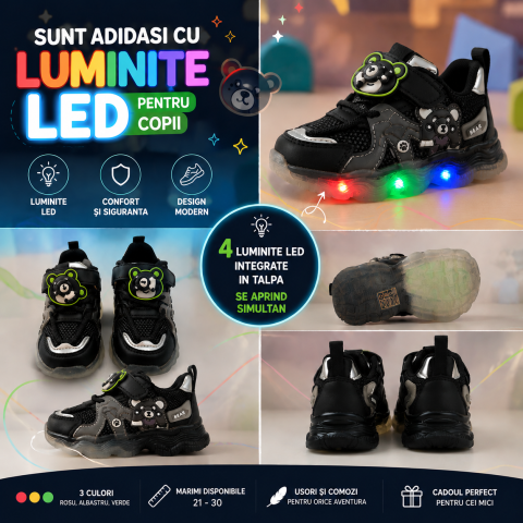 Adidasi sport BEAR negri pentru copii cu luminite LED si inchidere cu arici [5]